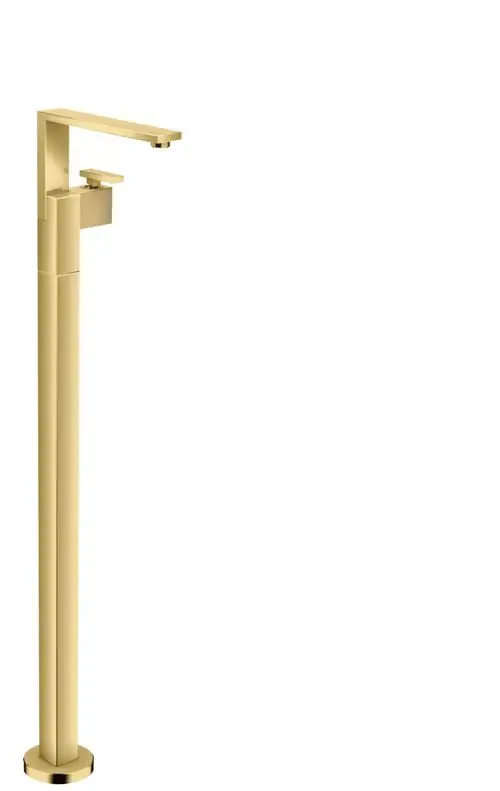 Bodenstehender Waschtischmischer in Goldoptik von AXOR mit schmalem, geraden Design und einer Push-Open Ablaufgarnitur, auf weißem Hintergrund.